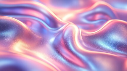 Obraz premium Close up of ethereal pastel neon blue, purple, pink, and mint holographic metallic foil background. Abstract modern curved, soft-focused, blurred surreal futuristic disco rave dreamlike backdrop.