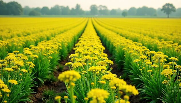 Indian farm field with rows of mature cumin plants in full bloom dry flowers, farming, herb fields