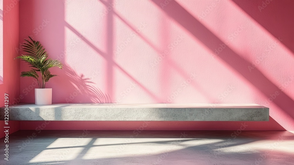 Poster Minimalistic Concrete Shelf on Pink Wall with Soft Light Shadow for Product Display