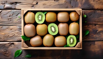 Fresh kiwi fruits in wooden crate