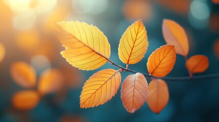 Obraz premium Close up of orange leaves and blurred brown branches with copy space. Beautiful autumn design for social media, seasonal quotes, vintage fall wallpaper. Natural garden landscape background.