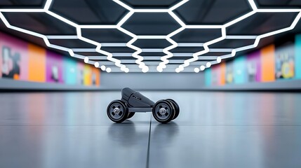 Futuristic vehicle in neon-lit hall, colorful walls, product showcase