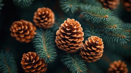 Close up of pine tree branches with small pine cones. Christmas banner background with texture of fir tree needles and cones. Natural winter seasonal xmas holiday concept.