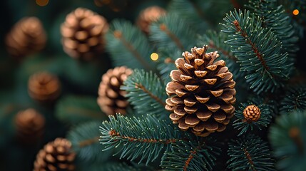 Fototapeta premium Close up of pine tree branches with small pine cones. Christmas banner background with texture of fir tree needles and cones. Natural winter seasonal xmas holiday concept.