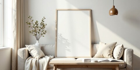 Serene Living Room Interior Design with Blank Frame for Artwork or Photography Featuring Natural Light and Minimalist Decor