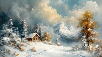 Winter Wonderland Retreat: Cozy Cabin in Snowy Forest - High Contrast Oil Painting Scene