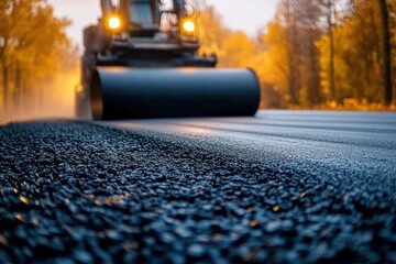 Close-up of Road Roller Compressing Fresh Asphalt in Construction Site Roadwork Infrastructure Development