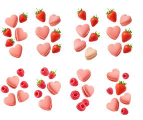 macarons, strawberries and raspberries flying, transparent background, png