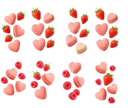 macarons, strawberries and raspberries flying, transparent background, png