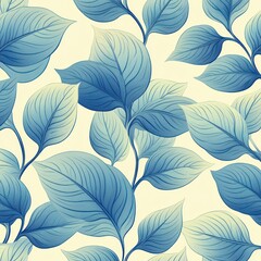 Aqua Blue Stylized Leaves Seamless Pattern on Cream Background Art Nouveau Style
