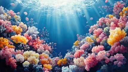 Naklejka premium Colorful Coral Symphony: A High-Contrast Oil Painting of a Vibrant Underwater Reef Ecosystem