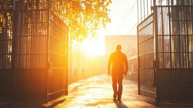 Silhouette of a man walking through open gates at sunset, backlit. Depicts freedom, release, new beginnings, or hope after confinement.