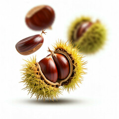 fresh chestnuts spiky burrs autumn fall harvest on white background