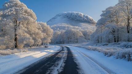 Obraz premium Snowy road, winter mountain view, frosty trees, sunrise