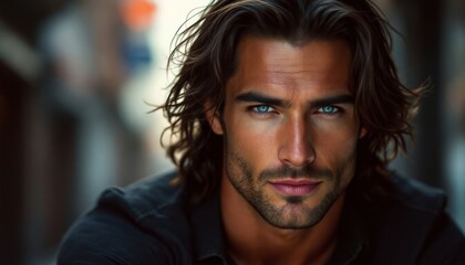 Close-up portrait of a man with striking blue eyes