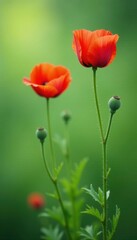 Obraz premium Oriental poppy foliage and petals against a soft green background, soft, meadow