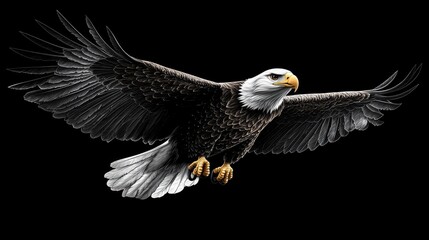 Obraz premium Soaring Bald Eagle, Wings Spread, Dark Background, Wildlife Illustration