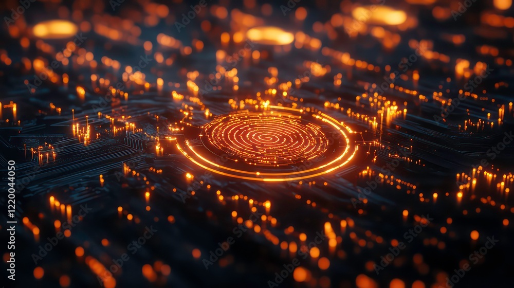 Aufkleber glowing circular pattern on a dark technological surface.