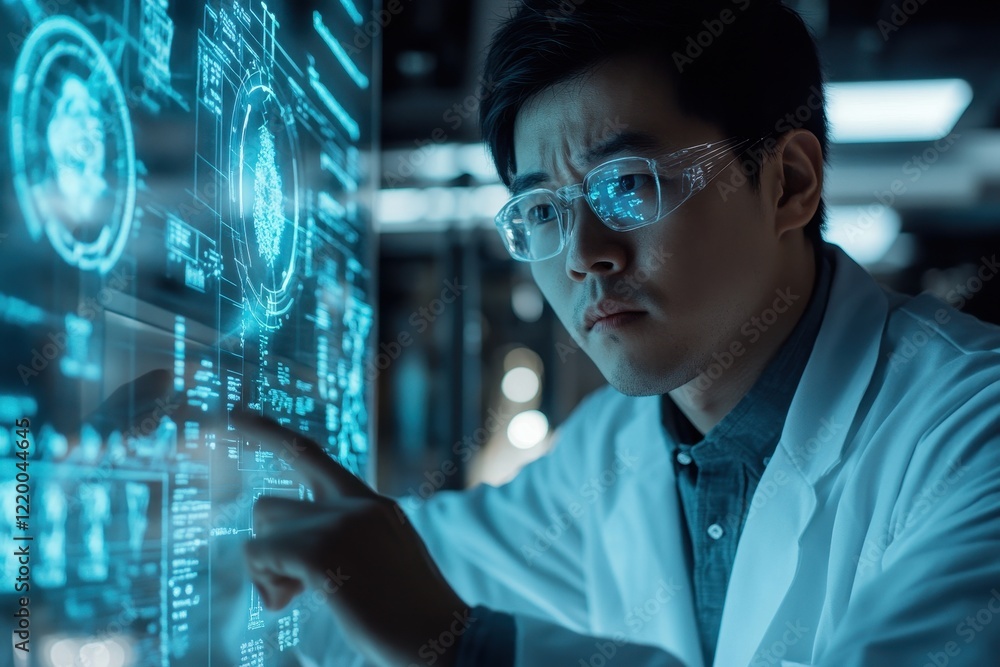 Poster scientist interacts with a futuristic interface, analyzing data. this image depicts technological ad