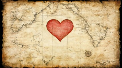 Antique World Map Treasure Heart Romantic Voyage