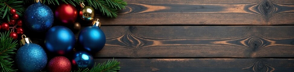 Ornate wooden plank background with navy blue ornaments and Christmas decorations, colorful ornaments, christmas decorations