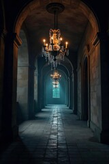 Fototapeta premium Dark corridors with cobweb-covered chandeliers, castle, eerie