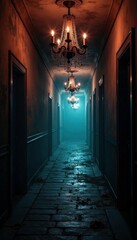 Dark corridors with cobweb-covered chandeliers, cobwebs, atmosphere