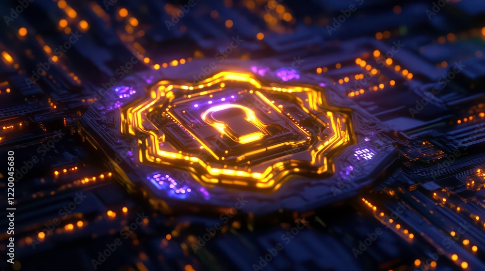 Poster glowing padlock symbol on a circuit board, representing cybersecurity and data protection.