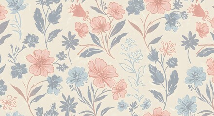 Simple, hand-drawn floral elements in soft colors, perfectly tiled for seamless use