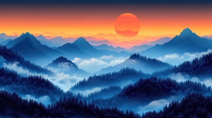 Fototapeta premium Minimalist Sunrise: Bold Outlines of Majestic Mountain Range
