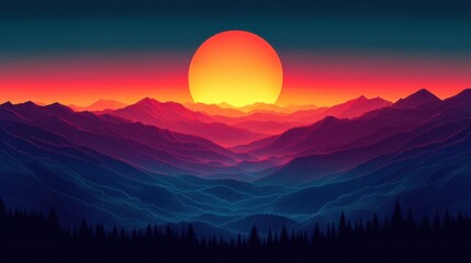 Obraz premium Dawn Over Majestic Peaks: Minimalist Mountain Range with Bold Outlines at Sunrise