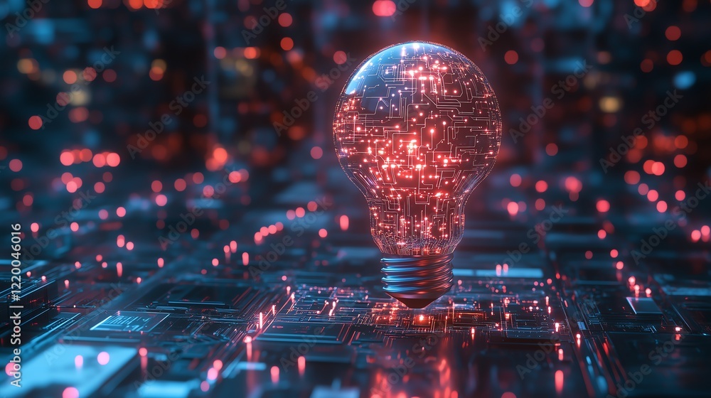 Poster glowing 3d light bulb with ai circuits inside, symbolizing innovation powered by artificial intellig