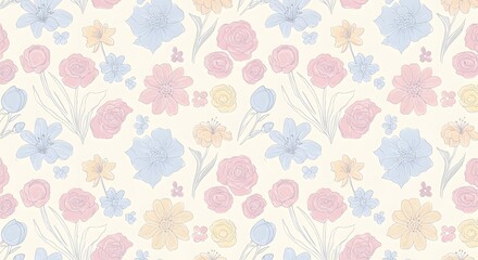 Fototapeta premium Simple, hand-drawn floral elements in soft colors, perfectly tiled for seamless use