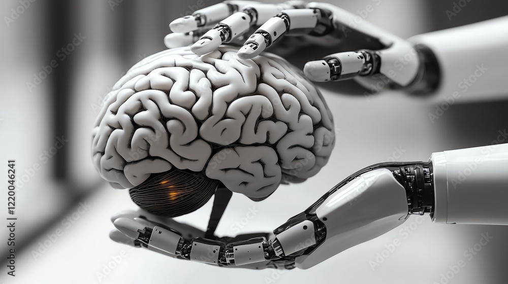 Poster robot hand holding a human brain, representing ai integration in neuroscience and cognitive processe