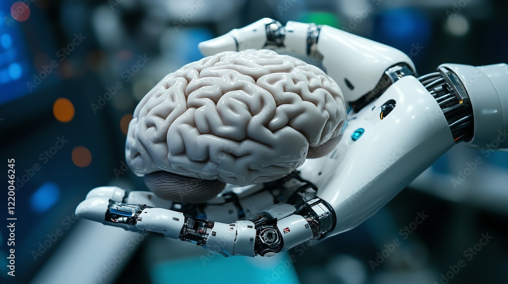 Poster robot hand holding a human brain, representing ai integration in neuroscience and cognitive processe