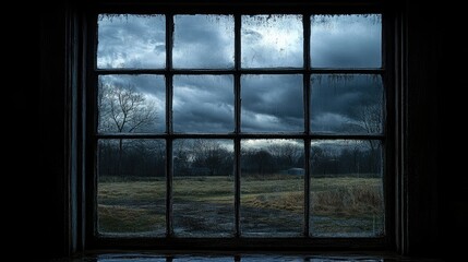 Stormy rural view from rustic windowpane