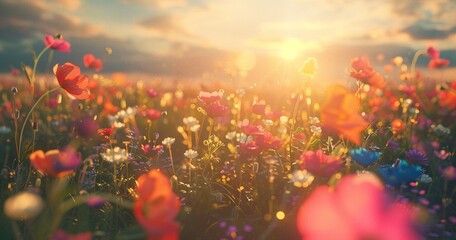 Obraz premium Vibrant wildflowers bathed in the warm glow of the setting sun. A breathtaking display of nature's beauty.