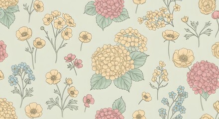 Simple, hand-drawn floral elements in soft colors, perfectly tiled for seamless use