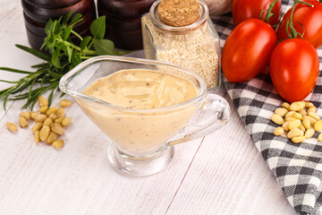 Delicious walnut creamy sauce in the bowl