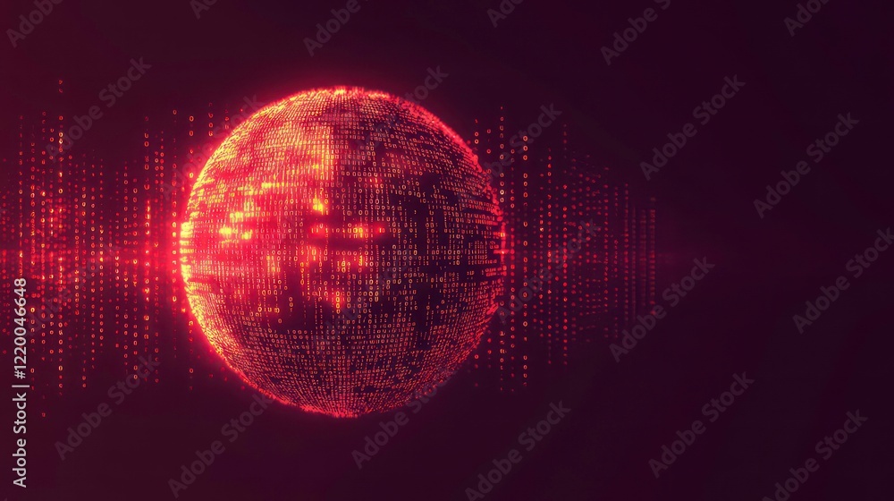 Poster glowing red sphere with digital data stream.
