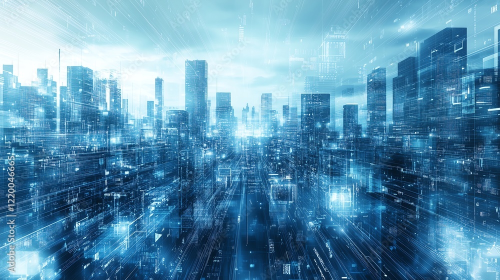 Aufkleber abstract digital landscape in shades of blue, featuring flowing data, computer networks, and futuris