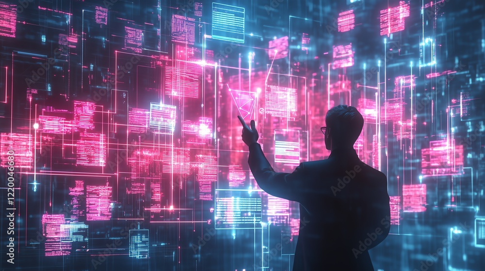 Poster illustration of a conductor managing digital screens and geometric objects, orchestrating a high-tec