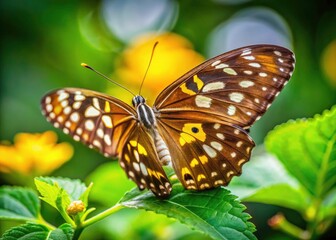 Fototapeta premium Brown Butterfly, Yellow White Polka Dots, Green Leaves, Nature Photography, Insect Macro, Wildlife, Butterfly Closeup, Beautiful Nature Scene, Spring, Summer
