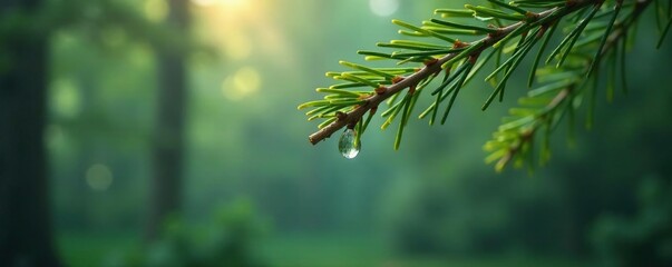A lone raindrop falls from the tip of a pine branch, bent limbs, , misty forest air