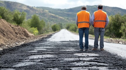 Two construction workers inspect a new road. Image depicts road construction progress and quality control.