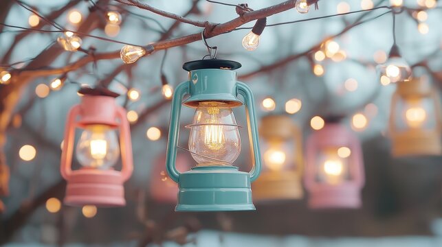 Colorful lanterns hang from branches, illuminated by twinkling fairy lights, creating a warm and cozy atmosphere.