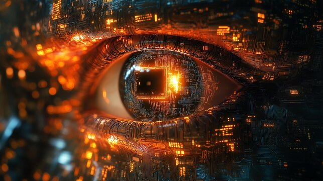 Digital eye symbolizing AI and digital transformation, embedded with complex circuitry and glowing data representing human perception enhancement through AI.