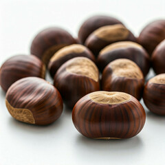 Obraz premium close up of shiny brown chestnuts isolated on white background