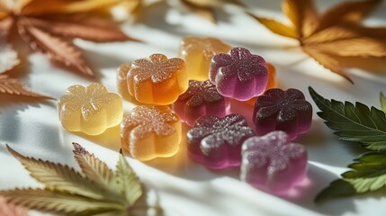 Colorful CBD gummies and a cannabis leaf on white marble with leaf shadows.
