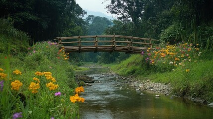 Serene Bamboo Bridge over a Tranquil Stream